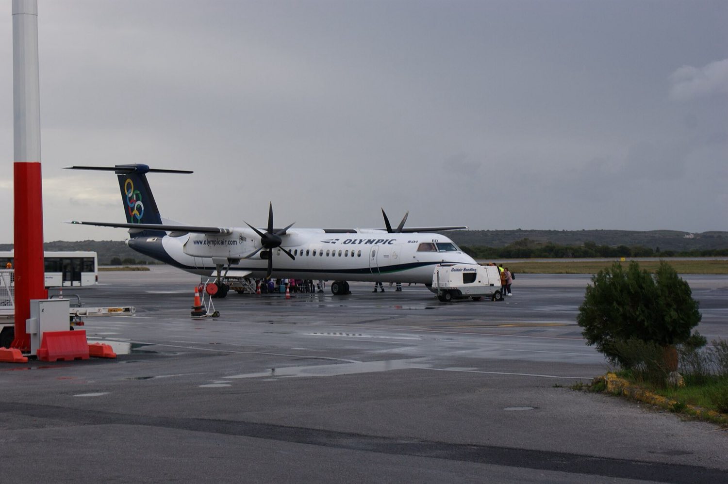 Turboprop airliner on the apron, the aircraft type flying regional routes to Kos