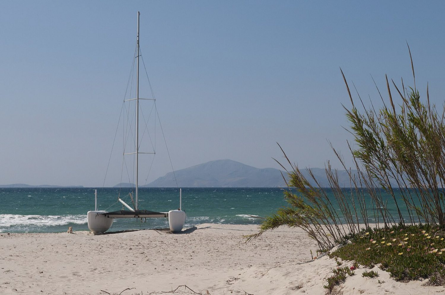 Fishing boats at Mastichari quay on Kos, with the sandy north-coast beach beyond
